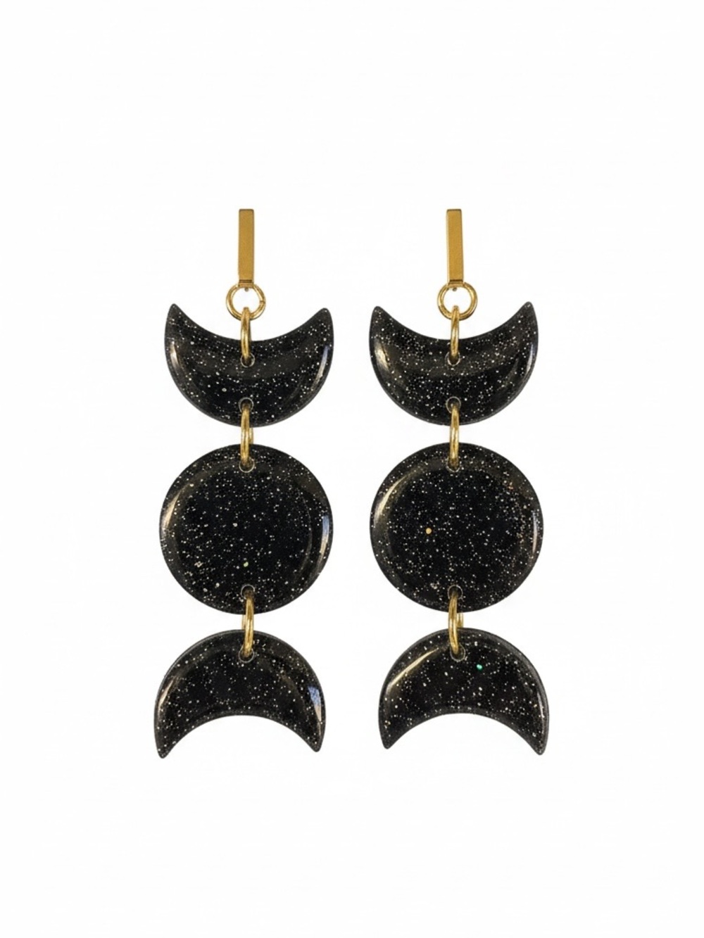 Clay Earrings Gold & Black Crescent Moon Drop Sparkle Resin Finish Polymer